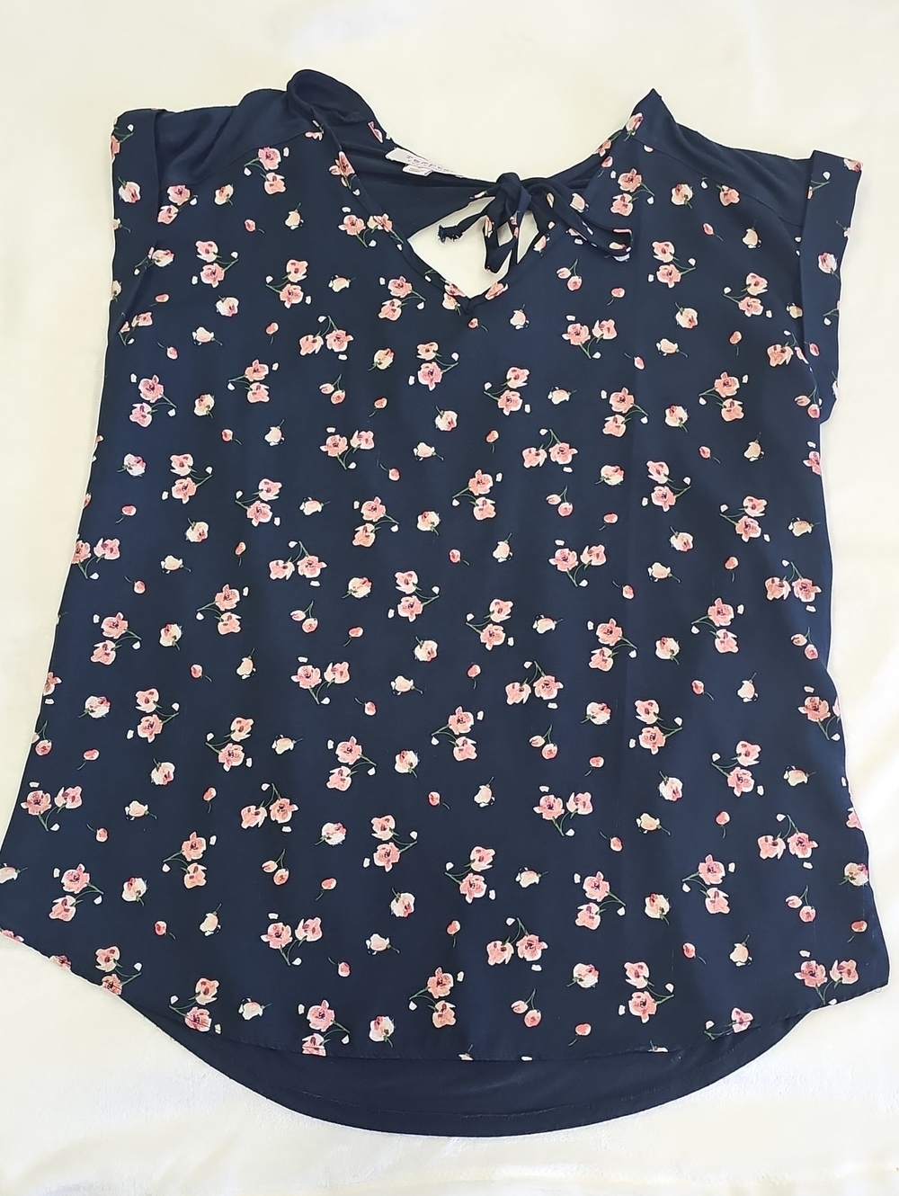Tempted Navy Floral Keyhole Tie-Back Blouse